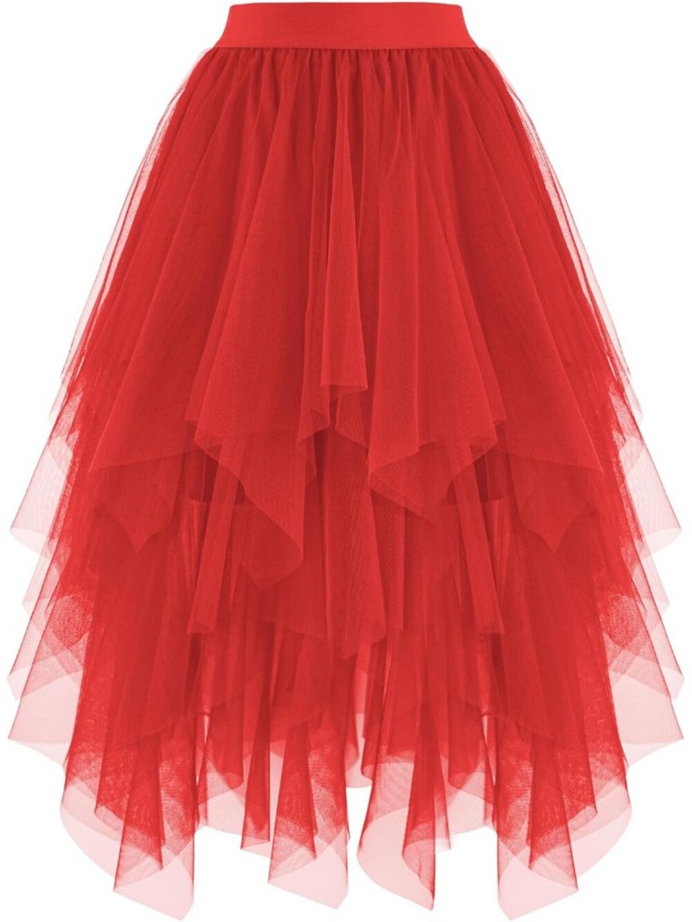 Women's Red High Low Layered Asymmetrical Puffy Fairy Midi Length Tulle Skirt